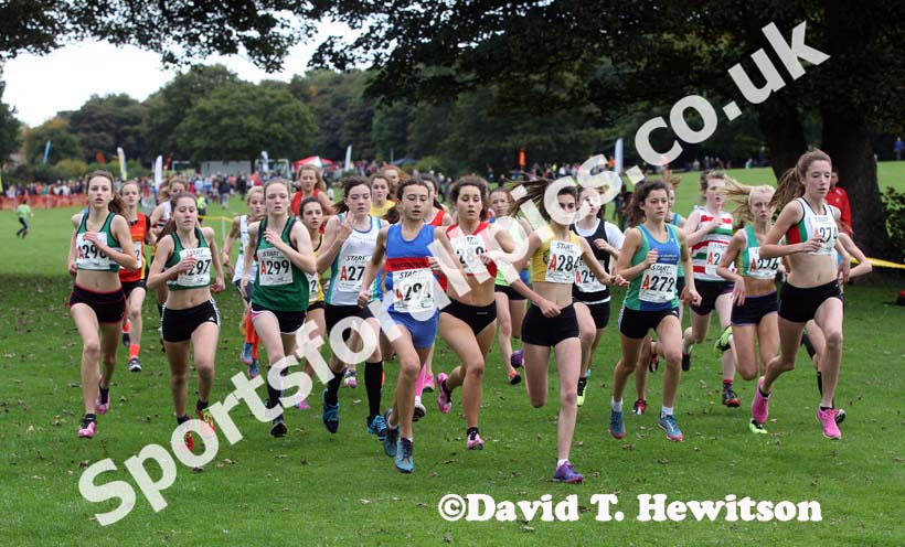 Start of the under-15 girls Northern Cross Country Relays, Graves Park, Sheffield.